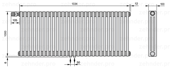 Схема (чертеж) Радиатор Zehnder Charleston 3100/29 №V007 Белый глянцевый RAL 9016